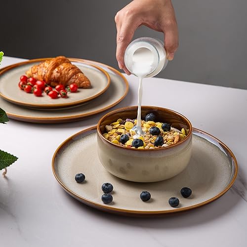 Miniatura 2 de Juego de 4 vajilla de cerámica, juegos de platos y cuencos Poreclain, juego de platos esmaltados reactivos hechos a mano, resistentes a las astillas