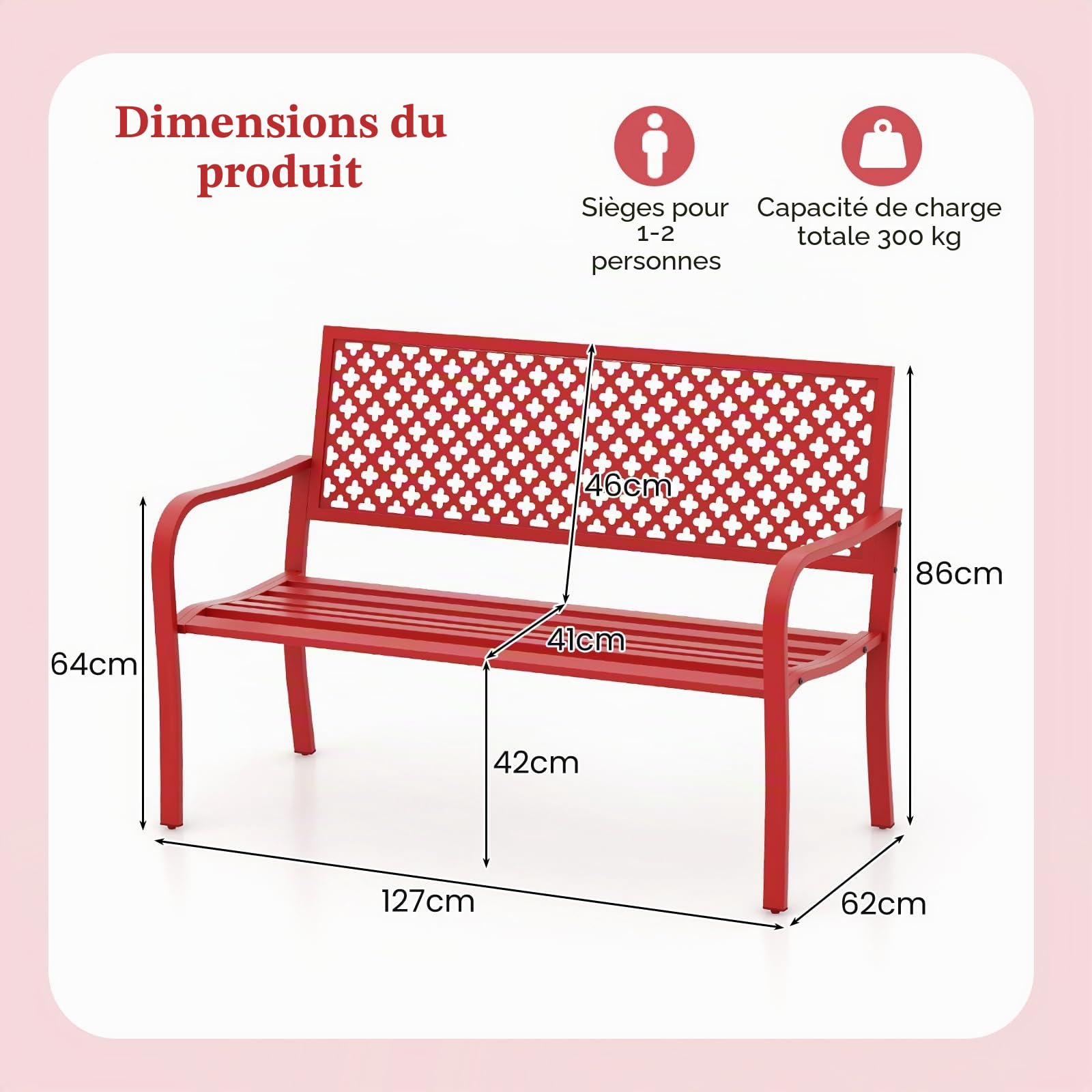 KOMFOTTEU Banc de jardin 2 places, banc d'extérieur avec accoudoirs, charge 300 kg, banc de jardin vintage en métal, pour cour, parc, terrasse, 127 x 62 x 86 cm (rouge)