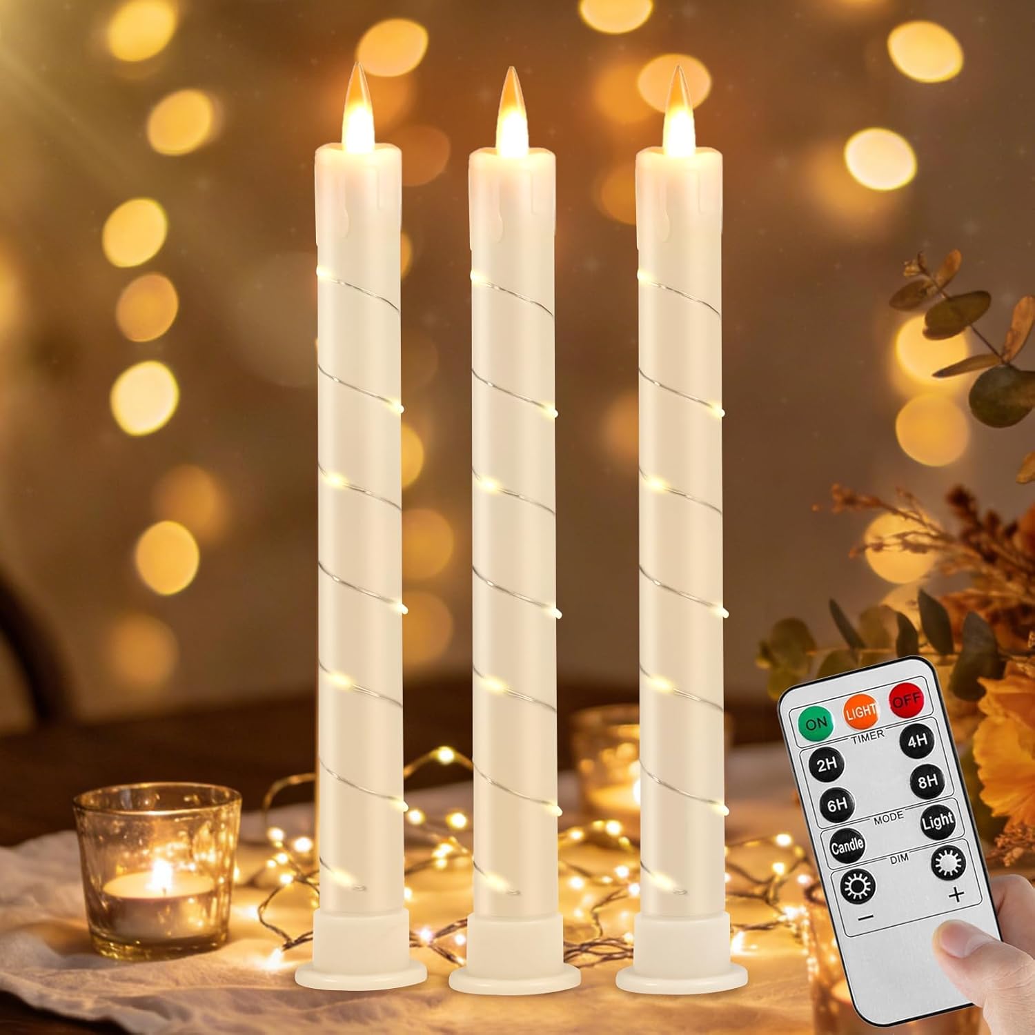 3pcs Flameless Taper Candle with Remote, Battery Powered, Timer, 3 Ivory ABS Candlesticks, 11 Mini Surround String Lights, 9.4 Inch LED Candles, Halloween Christmas Home Decor