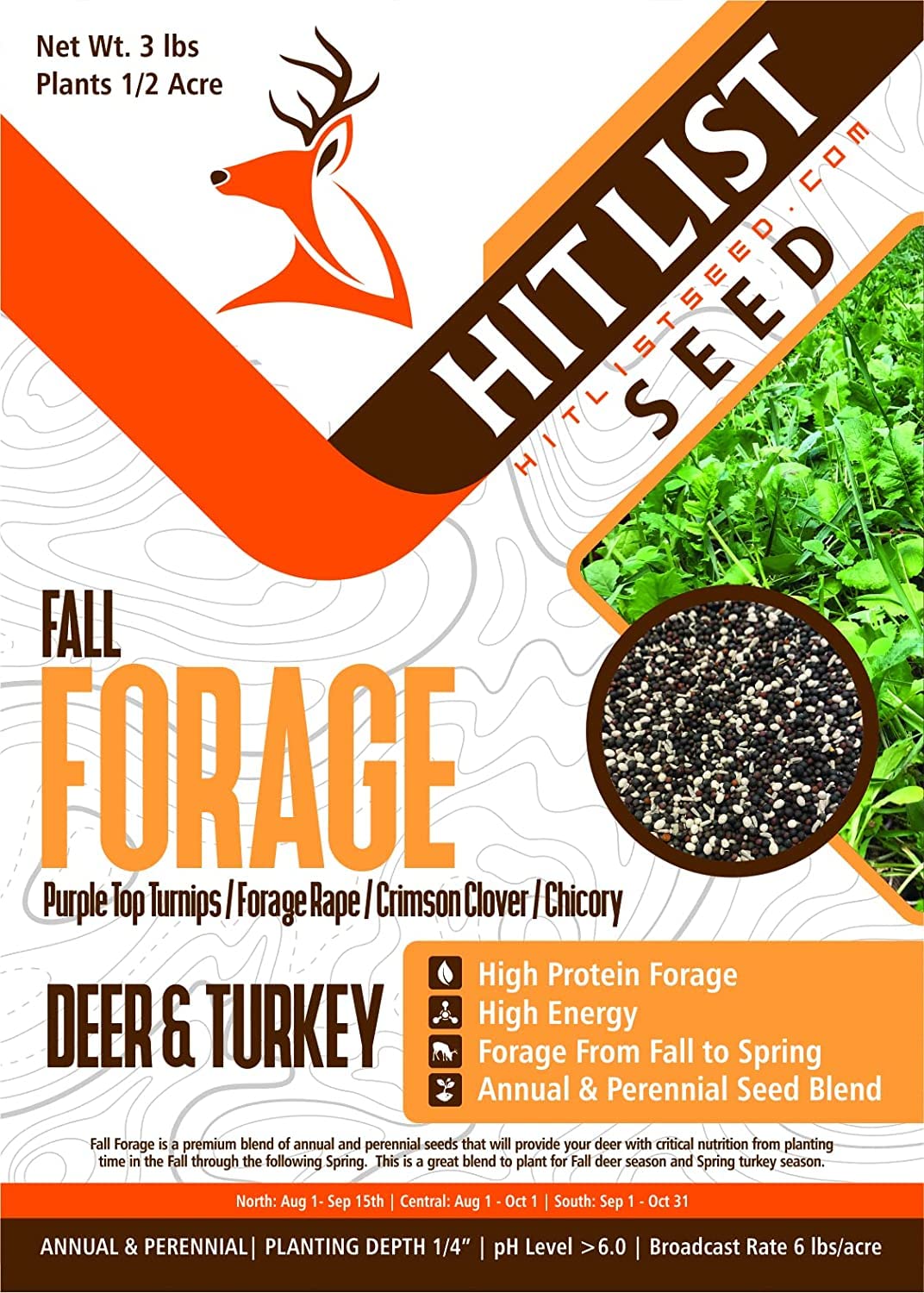 Fall Forage Mix, 3 lbs (1/2 Acre) - Perfect Mix of Purple Top Turnips, Forage Brassica, Crimson Clover, & Chicory - Deer Food, Whitetail, Blacktail, Hunting, Pure, Natural, High Protein