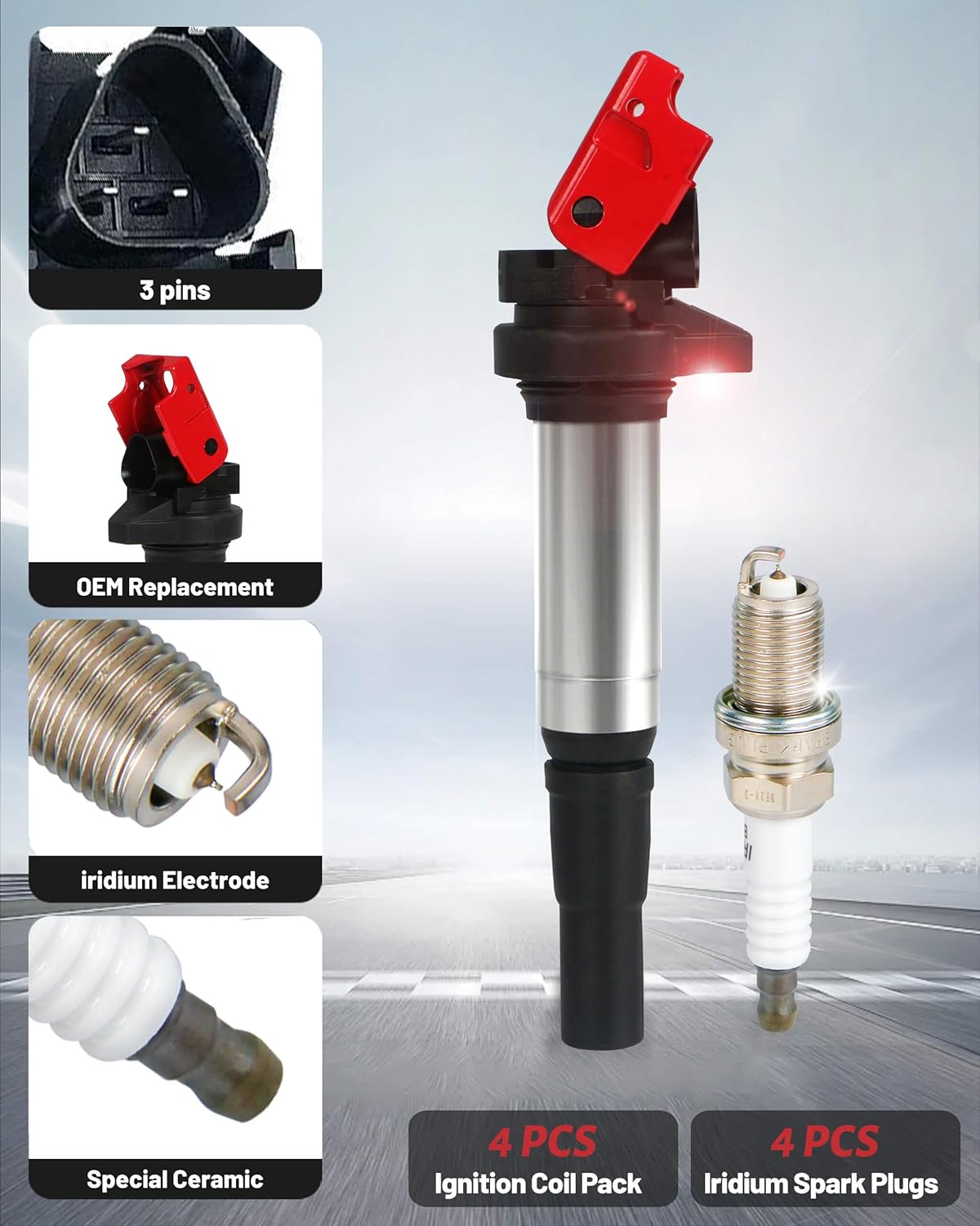 Ignition Coil Packs UF598 and Iridium Platinum Spark Plugs 97968 Fits for Mini Cooper Countryman Paceman 1.6L L4 2007 2008 2009 2010 2011 2012 2013 2014, Set of 4,# 12137575010 C1692, Red
