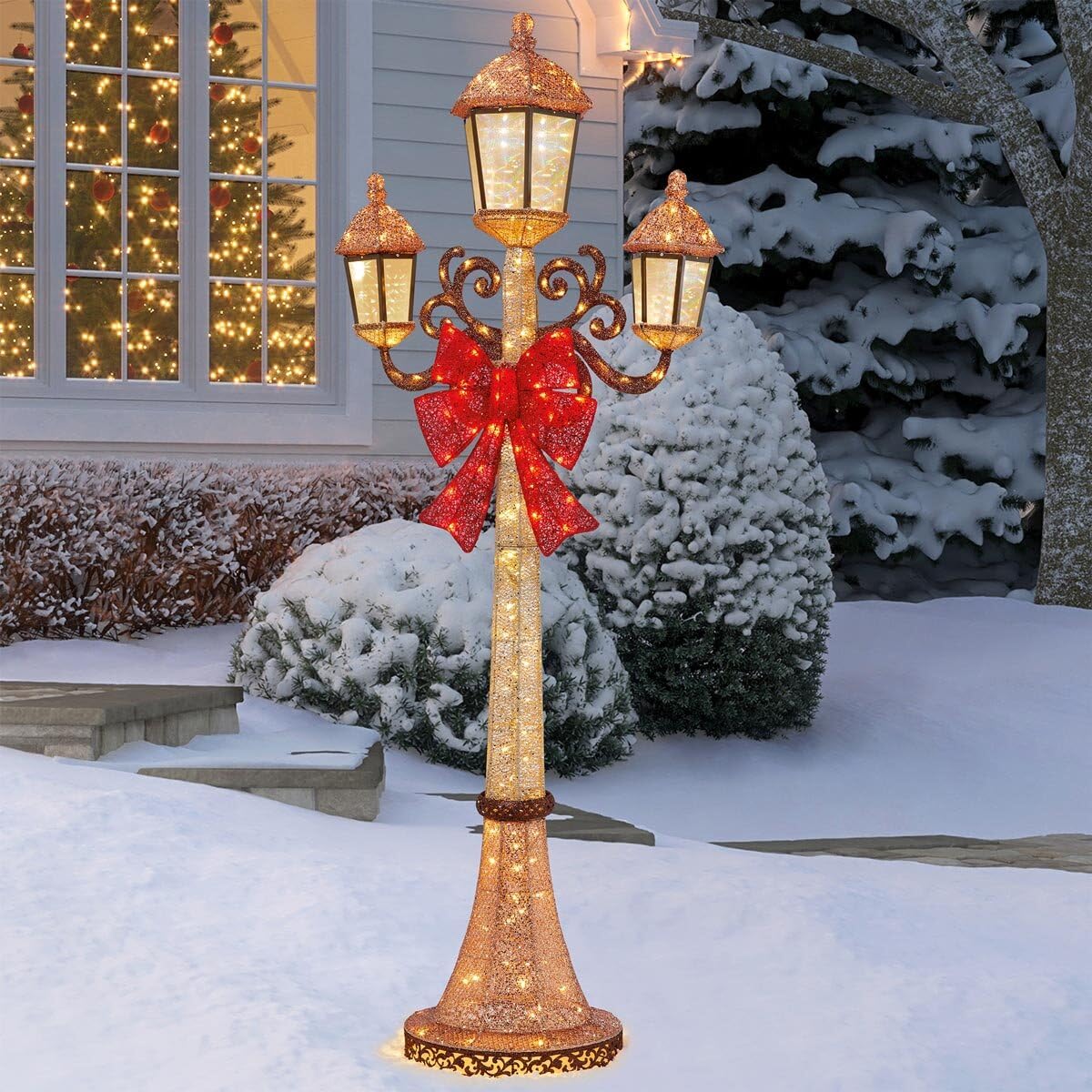 7ft (2.1m) 3 Lantern Head and 1 Red Bow Lamp Post with 220 LED Lights Christmas Decoration