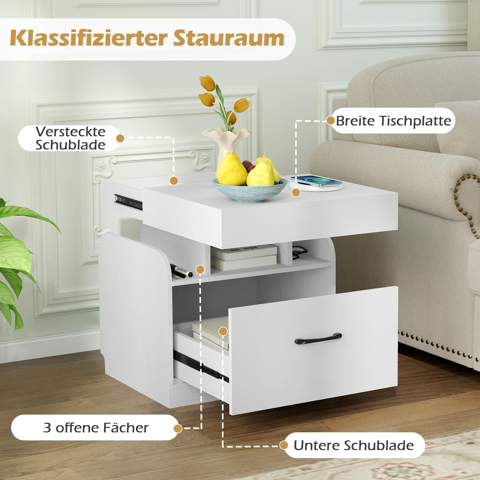 COSTWAY Stolik nocny z 2 gniazdka, 1 USB, 1 Type-C, szufladą i tajną przegródką, 50x40x55 cm biały