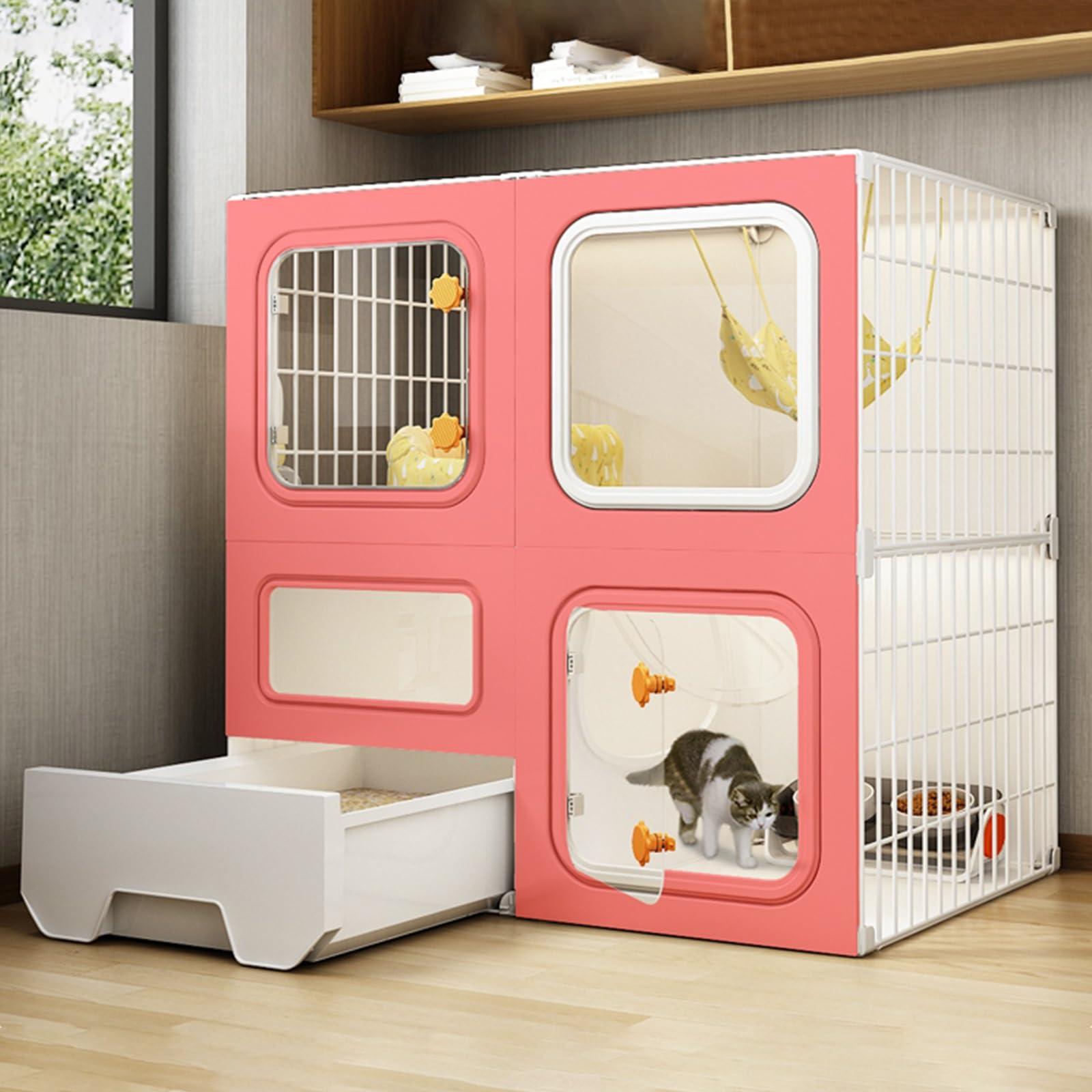Gabbie per gatti da interni grandi con lettiera, cuccia in metallo staccabile, gabbia per animali domestici assemblata fai da te