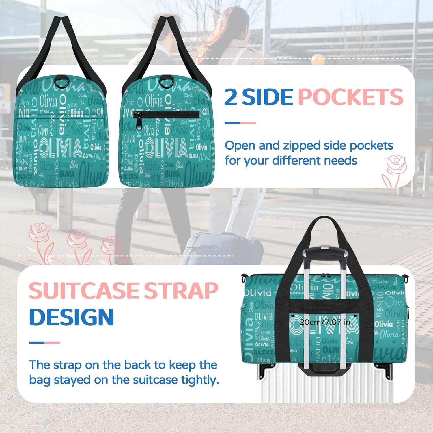 Personalized Travel Duffel Bag Custom Sports Gym Bag with Name, Weekender Bags Gift for Women Men, Teal