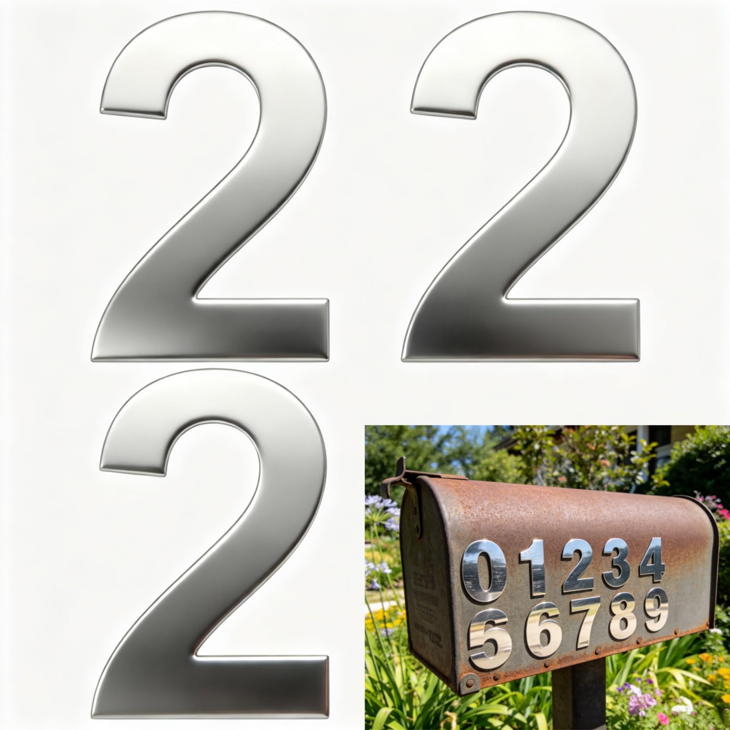 ORIGACH 3 Pcs 3 Inch Premium Stainless Steel House Numbers, Self-Adhesive Sliver Metal Door Address Mailbox Numbers Stickers for Office, Room, Hotel, Apartment, Car, Truck, Outside (3)
