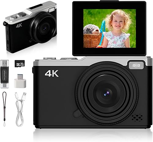Cámara digital HD 4K - Zoom digital de 16x, cámaras de 64MP para fotografía y vlogging, pantalla abatible de 2.4 pulgadas con flash, cámara compacta