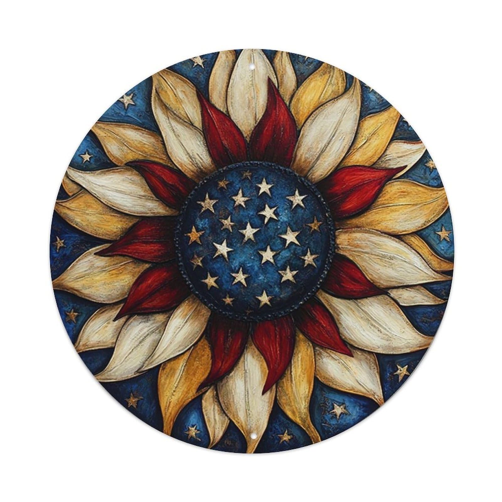 Sunflower American Flag Stars Round Metal Tin Sign Vintage Wall Decor, Bar Garage Cafe Kitchen Home Wall Art Poster 8x8inches