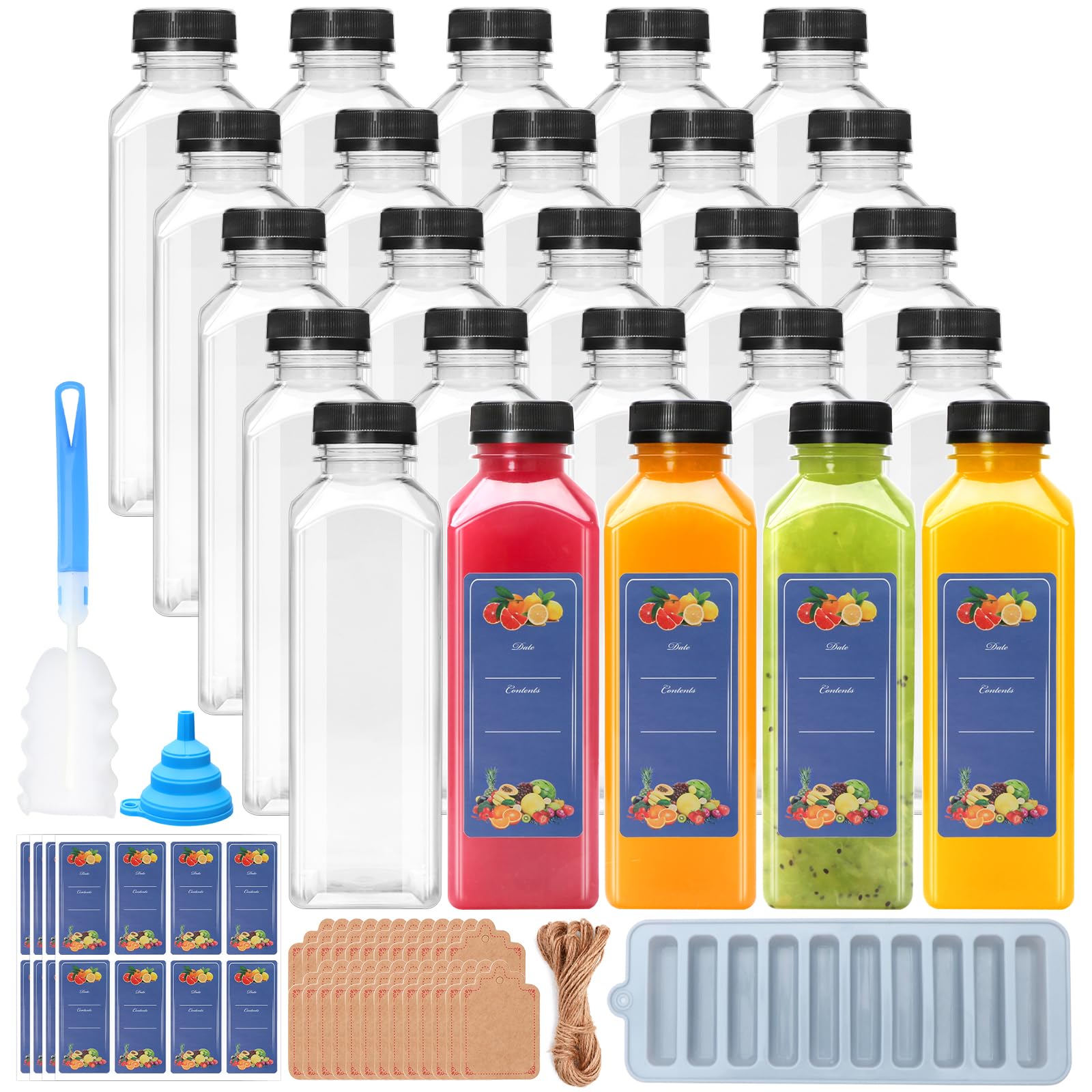 Florlove - 25 botellas de jugo de 16 onzas, botellas de jugo de plástico con tapas, recipientes vacíos transparentes para bebidas con tapas para jugos, batidos, leche y otras bebidas