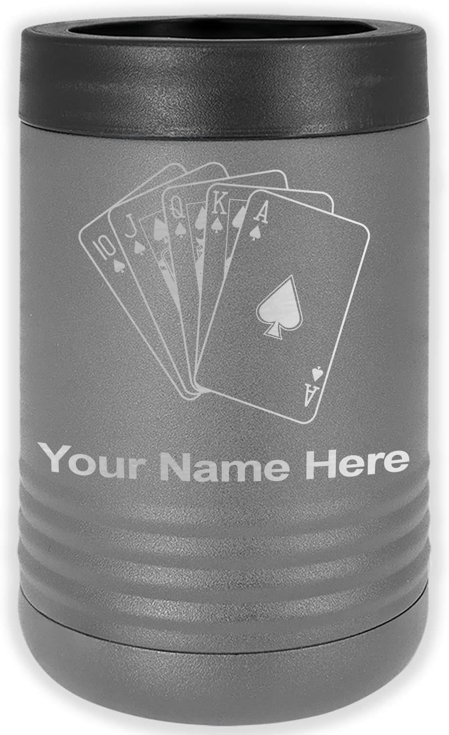 LaserGram Personalized 12 oz. Stainless Steel Can & Bottle Insulator, Royal Flush Poker Cards – Keeps Drinks Cold Longer (Gray)