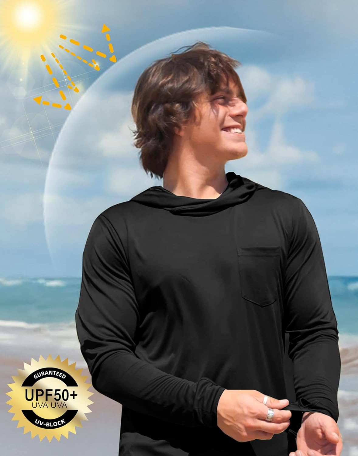 Men's Sun Protection Shirts UPF 50+ Long Sleeve Hoodie with 2 Pockets UV SPF Fishing Hiking Rash Guard Shirts - Image 5