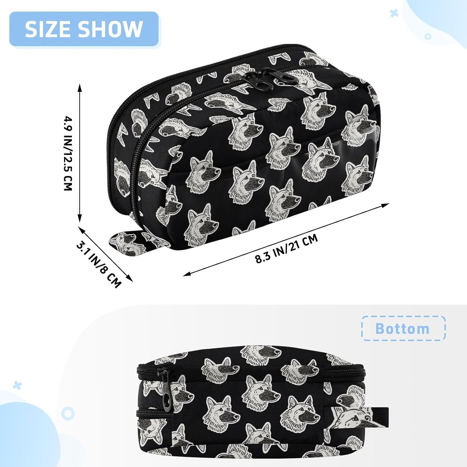 ALAZA German Shepherd Pattern Black White Large Capacity Pencil Case, Aesthetic Stationery Organizer Bag with Clear PVC Window, High Capacity Pen Pouch with Dividers for School Office Travel image 3