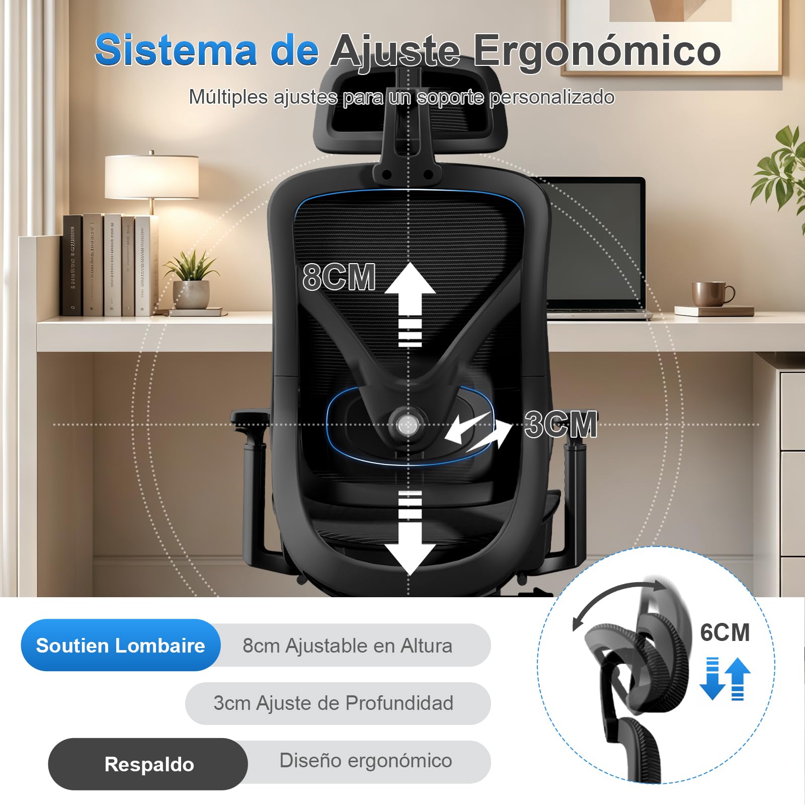 Silla Ergonómica de Oficina con Soporte Lumbar Ajustable y Reposapiés, Silla de Reclinable con Regulable Reposabrazos y Reposacabezas para Oficina en Casa, Estudio y Gaming, Negra