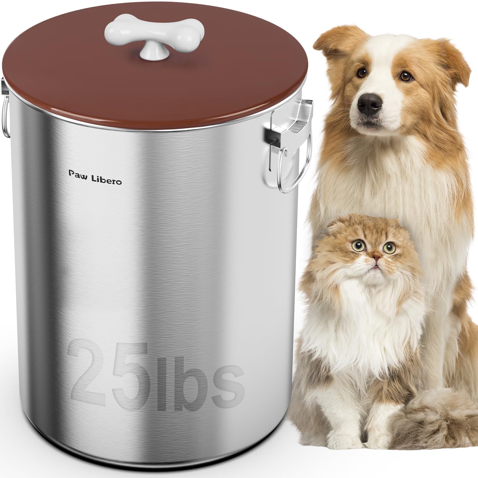 Paw Libero 25 lbs Edelstahl-Hundefutterbehälter mit luftdichtem Deckel und Keramikgriff in Knochenform, großer Metallbehälter für Hunde- und Katzenfutter, hält frisch, leicht zu reinigen