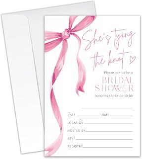 She's Tying The Knot - Bridal Shower Invitation Cards (4"x6", Pack of 20) with Envelopes – Pink & Bow Design Invitations for Bridal Showers & Celebrations. (078)