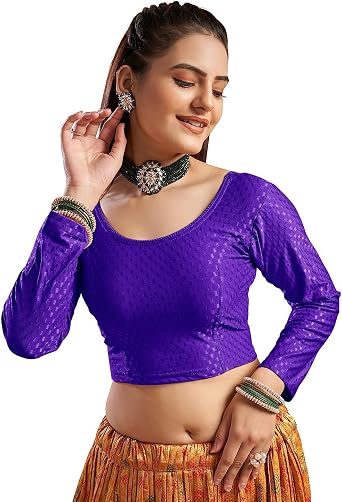 themilestocks Womens Blouses Readymade Gold Stretchable Saree Crop Top Choli Free Size Long Sleeve