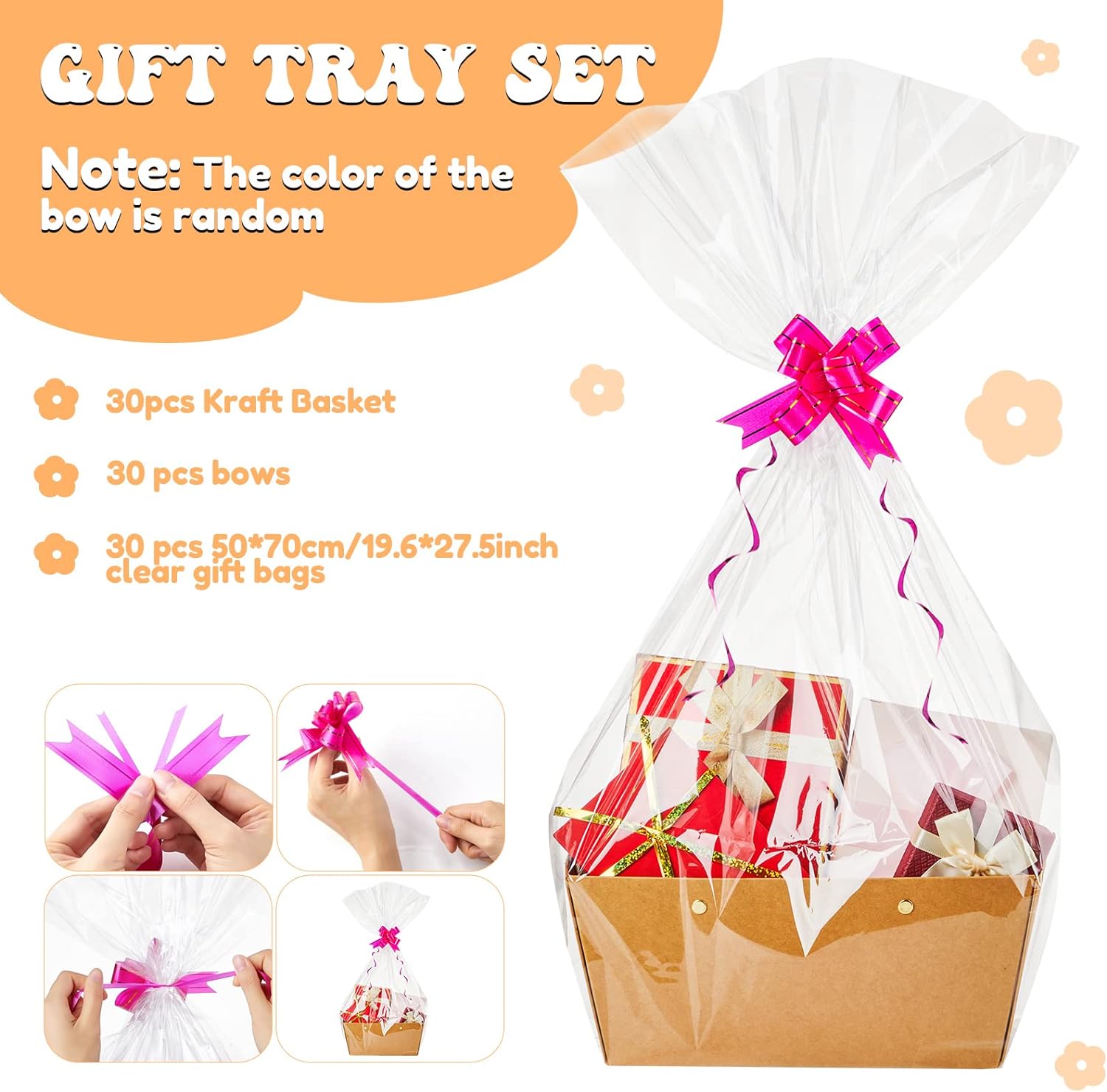 Tuanse 30 Pcs Basket for Gift Empty DIY Bulk Gift Basket Kit with Handle Kraft Cardboard Tray with 30 Bag 30 Bow Market Tray for Wedding Party(Brown,9.8 x 6.5 x 4.3 in)