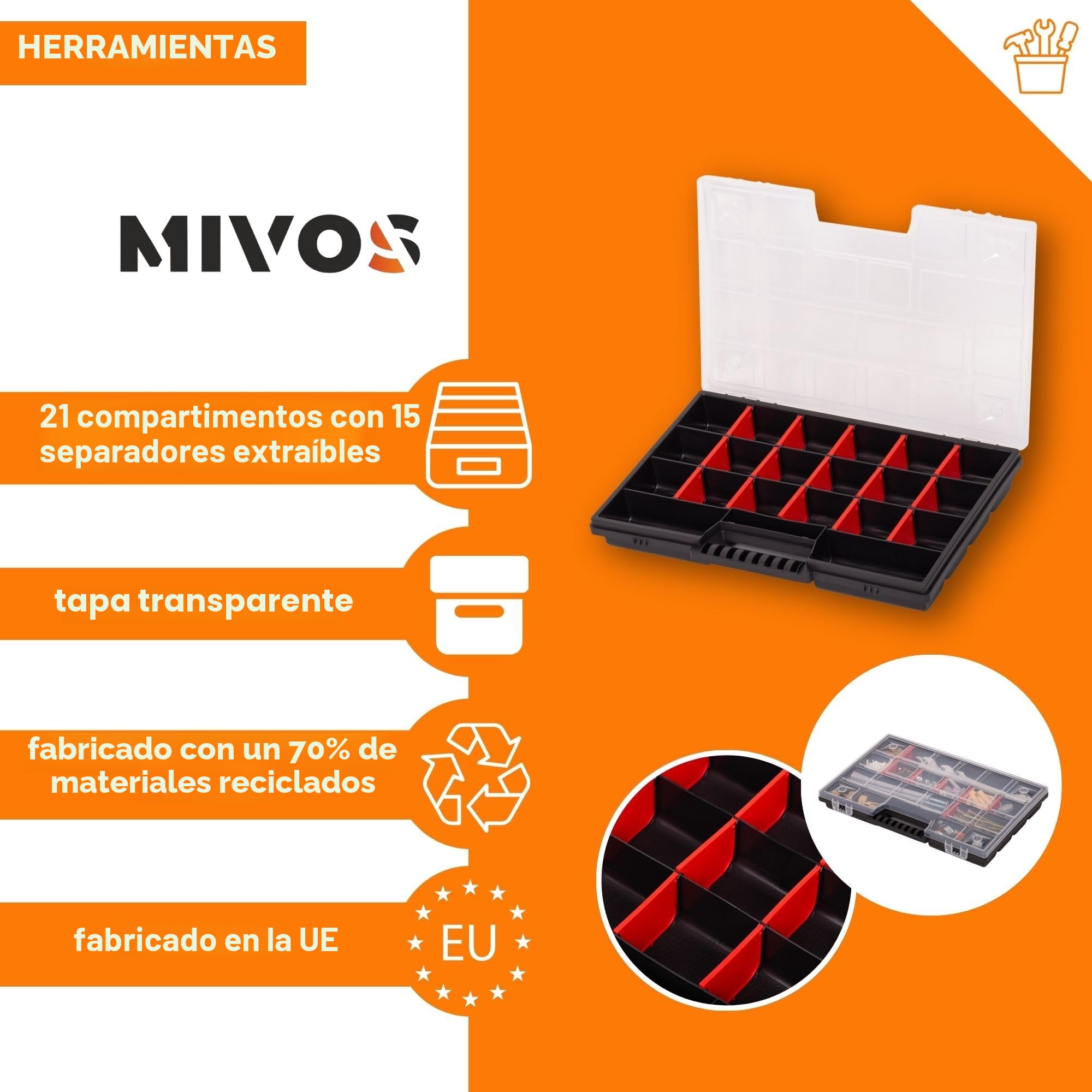 MIVOS Caja organizadora de 12 pulgadas para accesorios y piezas pequeñas - Caja de tornillos, surtida con 21 compartimentos para almacenamiento -290 x 195 x 35 mm