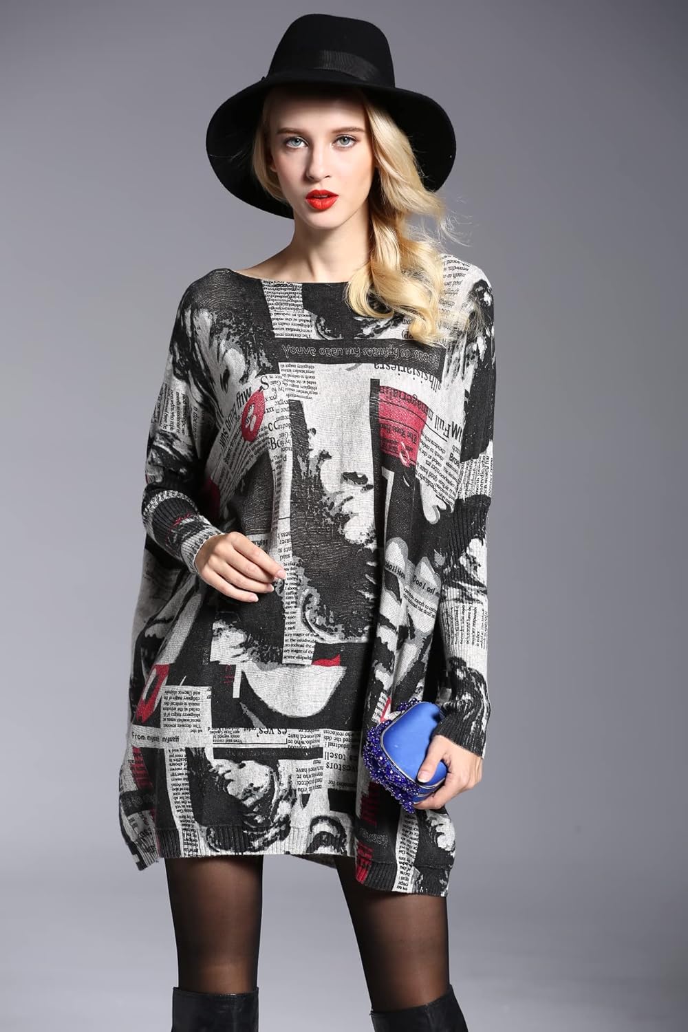 Women Sweater Oversized Newspaper Printing Pullover Sweaters-Crewneck Casual Long Sleeve Knit Top - Image 4