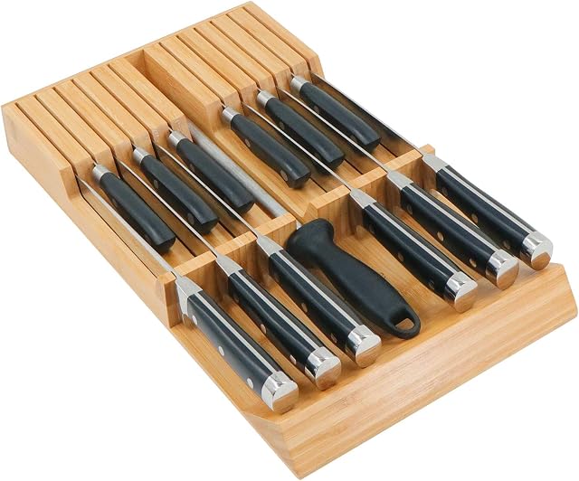 Utoplike in-Drawer Knife Block Bamboo Kitchen Knife Drawer Organizer,Large Handle Steak Knife Holder Without Knives, fit for 12 Knives and 1 Sharpening Steel