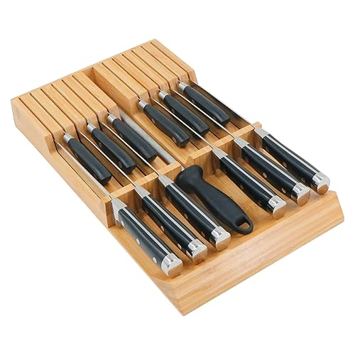 Utoplike in-Drawer Knife Block Bamboo Kitchen Knife Drawer Organizer,Large Handle Steak Knife Holder Without Knives, fit for 12 Knives and 1 Sharpening Steel - 12 Knife Organizer
