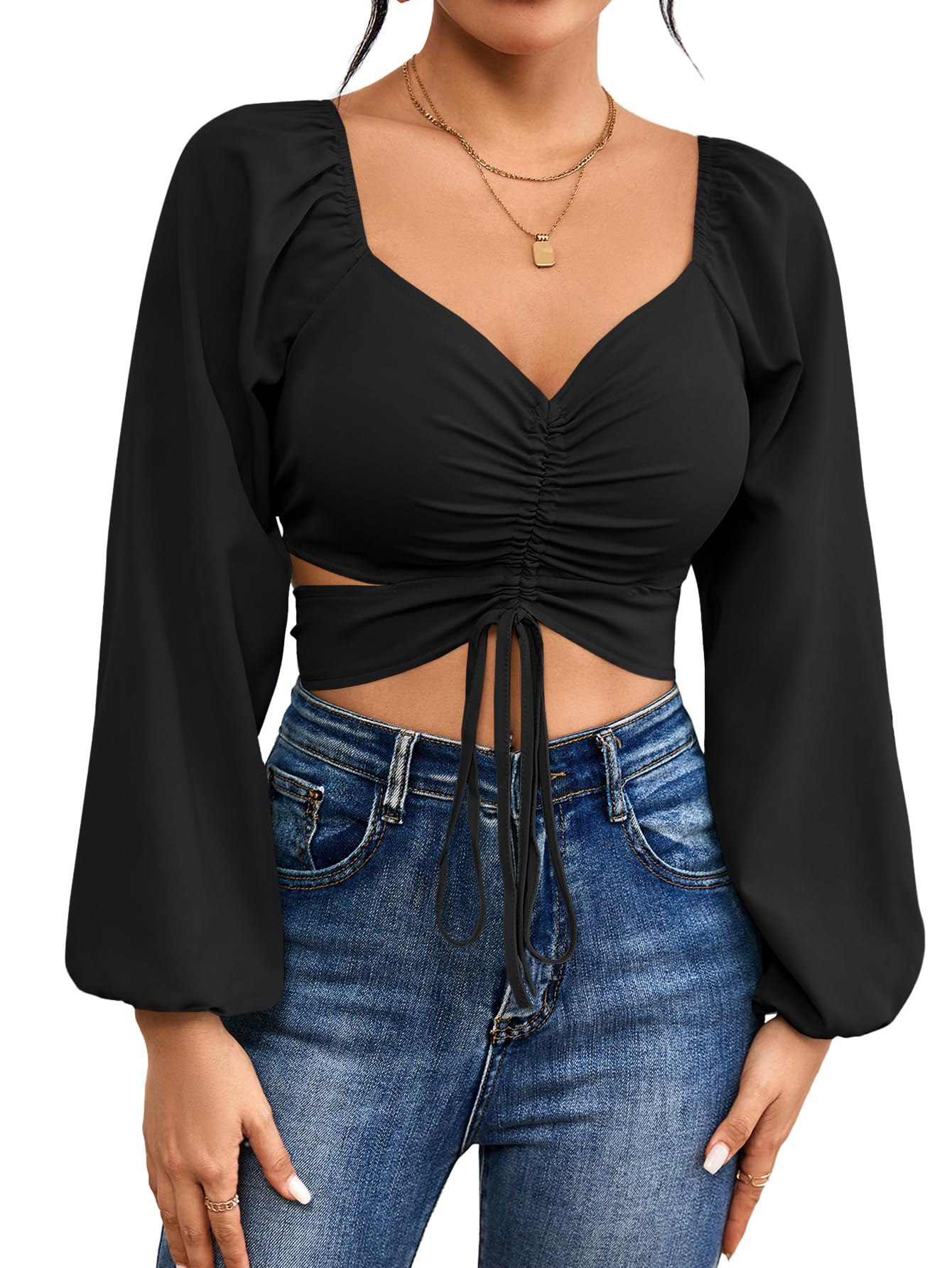 Rooscier Women's Drawstring V Neck Ruched Lantern Long Sleeve Tie Back Crop Top Blouse