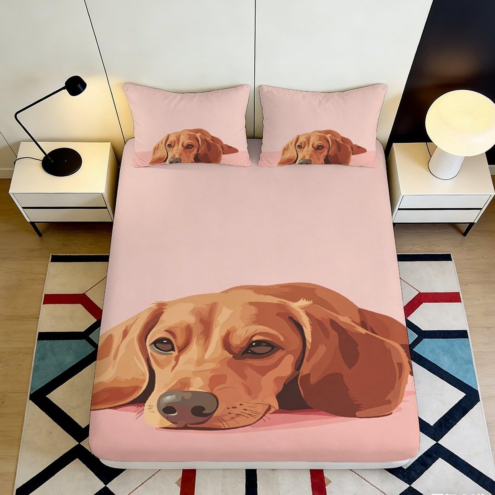 3D Printed Dachshund Fitted Sheet Microfiber Soft Pink Dog Mattress Cover for Bedroom Guest Room Decor Easy Care 90x200x25cm
