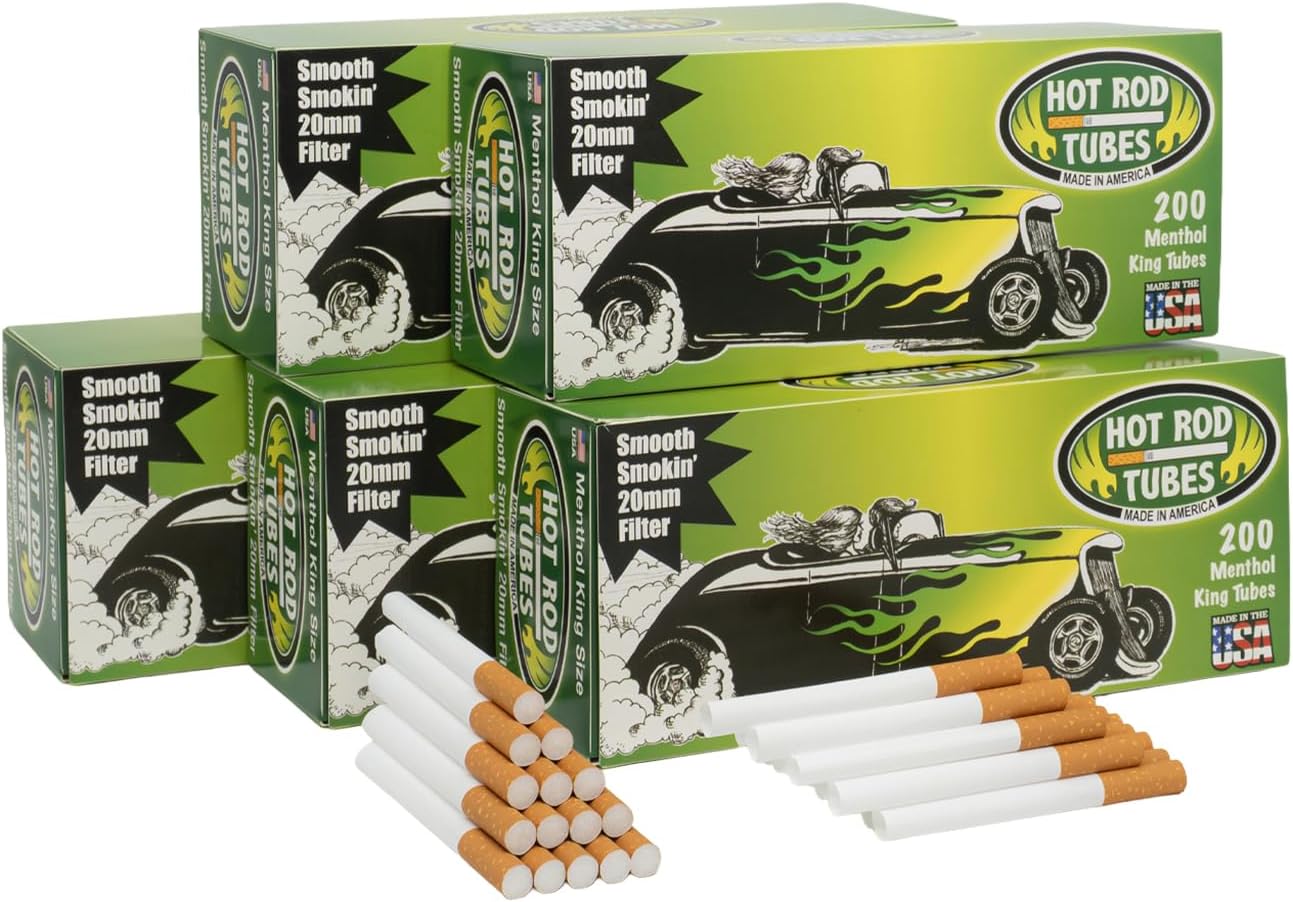 HotRod Cigarette Tubes King Size Menthol – 1000 Count 200 Tubes x 5 Boxes – Tubes with 20mm Double Filter – Smooth Draw, No Aftertaste – USA Made – Fits Most Injector Machines