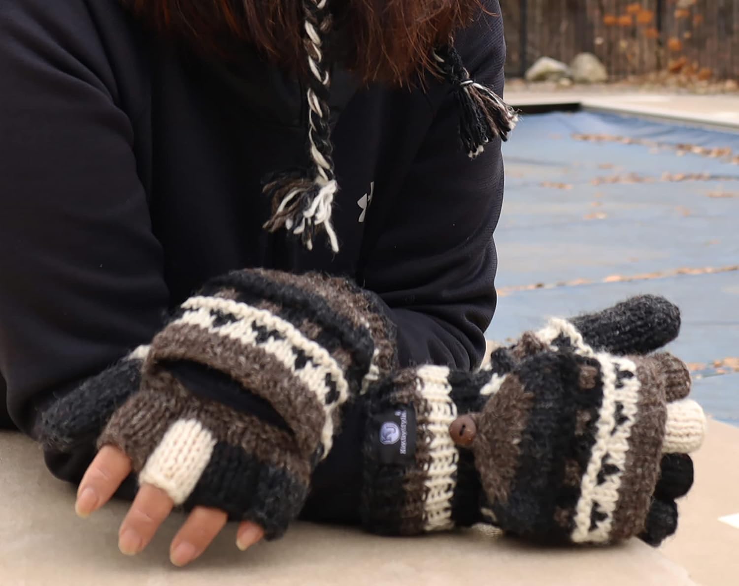 Hand Knit 100% Wool Convertible Finger less Mittens Glove Nepal