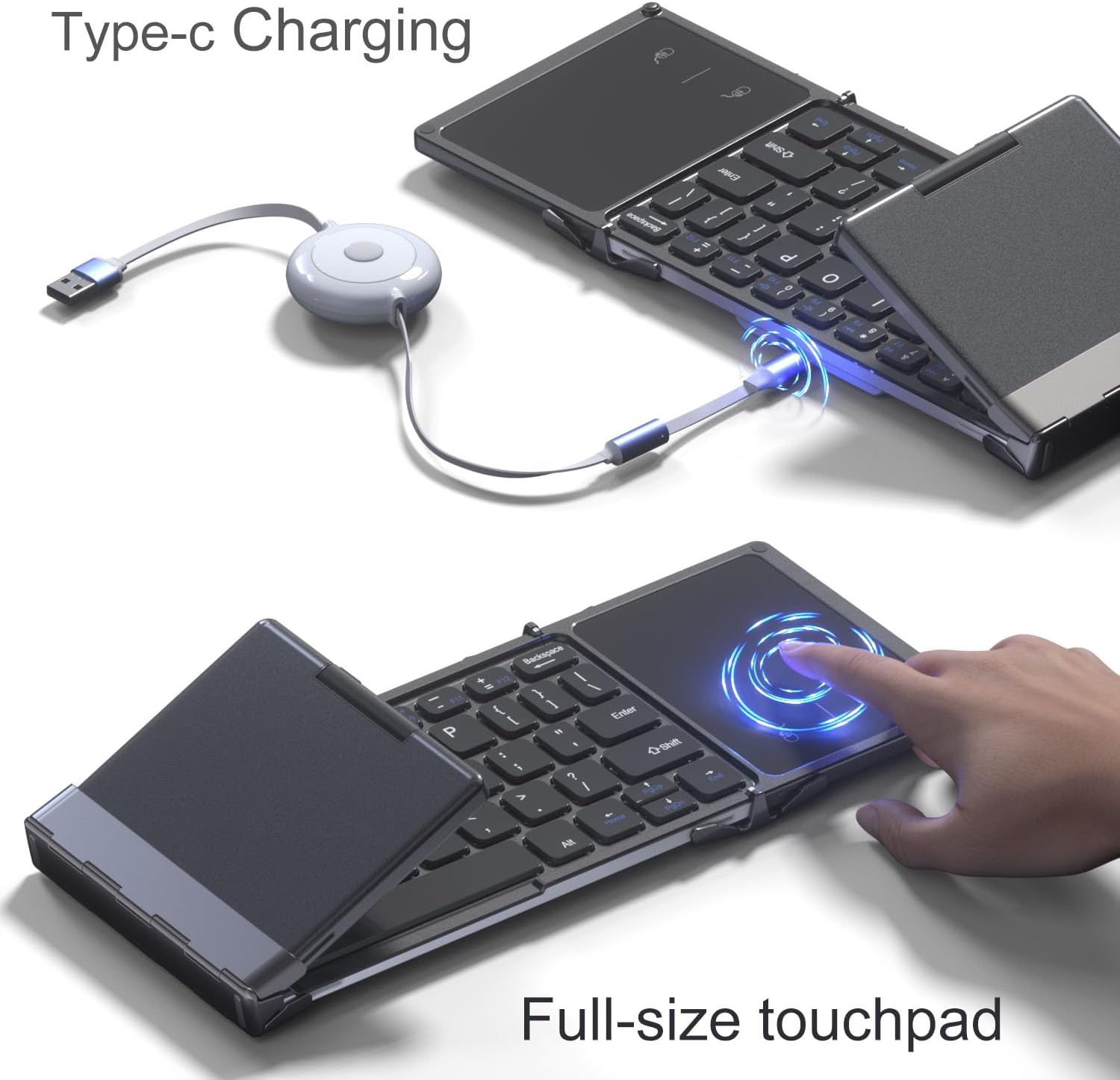 ROCK&ROWN Foldable Bluetooth Keyboard with Full-Size Touchpad,Portable Wireless Ultra Slim Pocket-Size Keyboard,USB-C Rechargeable for Android Windows iOS Tablet & Laptop - Black