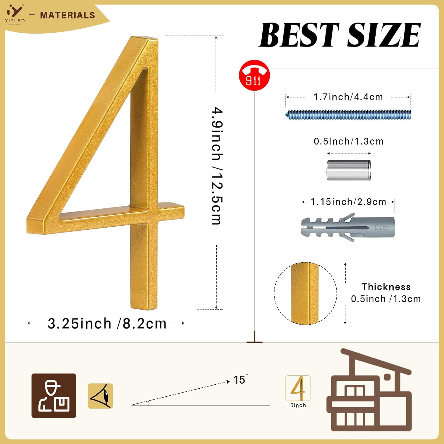 5 Inch House Numbers for Outside, Metal Address Number 4 - Modern Design, Weather-Resistant Gold Powder Coated Finish, No Fading (Gold)