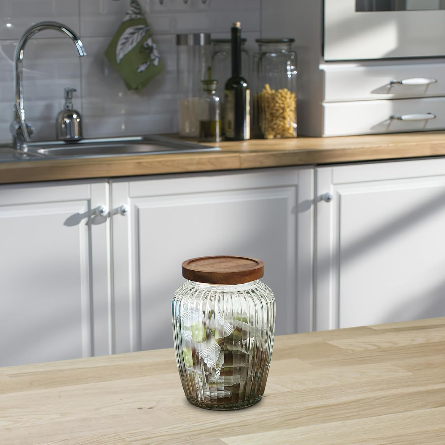 VICASKY Glass Grain Storage Jar 2200ml with Airtight Lid Vintage Acacia Wood Cover Sealed Food Canister for Pantry Organization