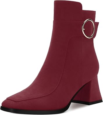 Womens Ankle Boots, Side Zipper Mid Chunky Heel Short Boots, Buckle Fashion Square Toe Ankle booties for Daily Office Party