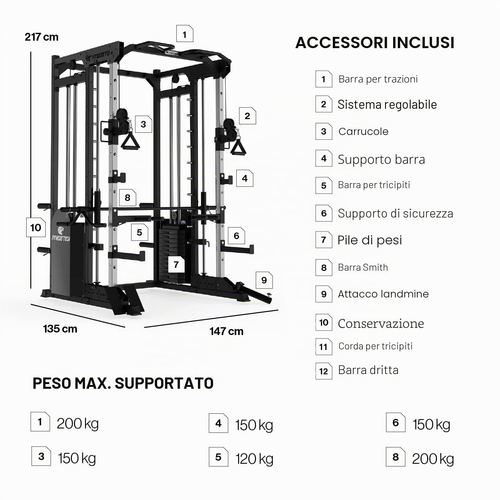Multistazione Palestra Home Gym Smith Machine S8000 150 kg con 2 Torri Pesi | Macchina Palestra Multifunzione con Lat Machine, Pulegge 2:1 e Barra Guidata