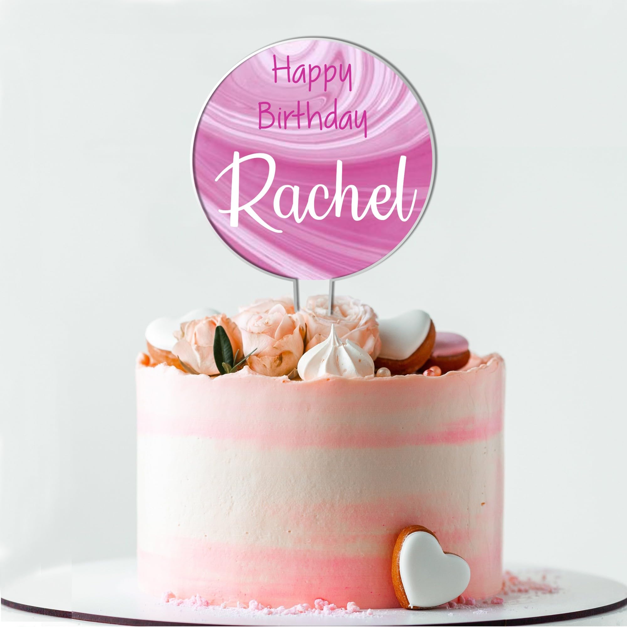 Personalised Acrylic Any Age Birthday Cake Topper – Custom Own Name with 8 Marble Efeect Print Designs To Choose From - Special Birthday Keepsake (Pink Marble)