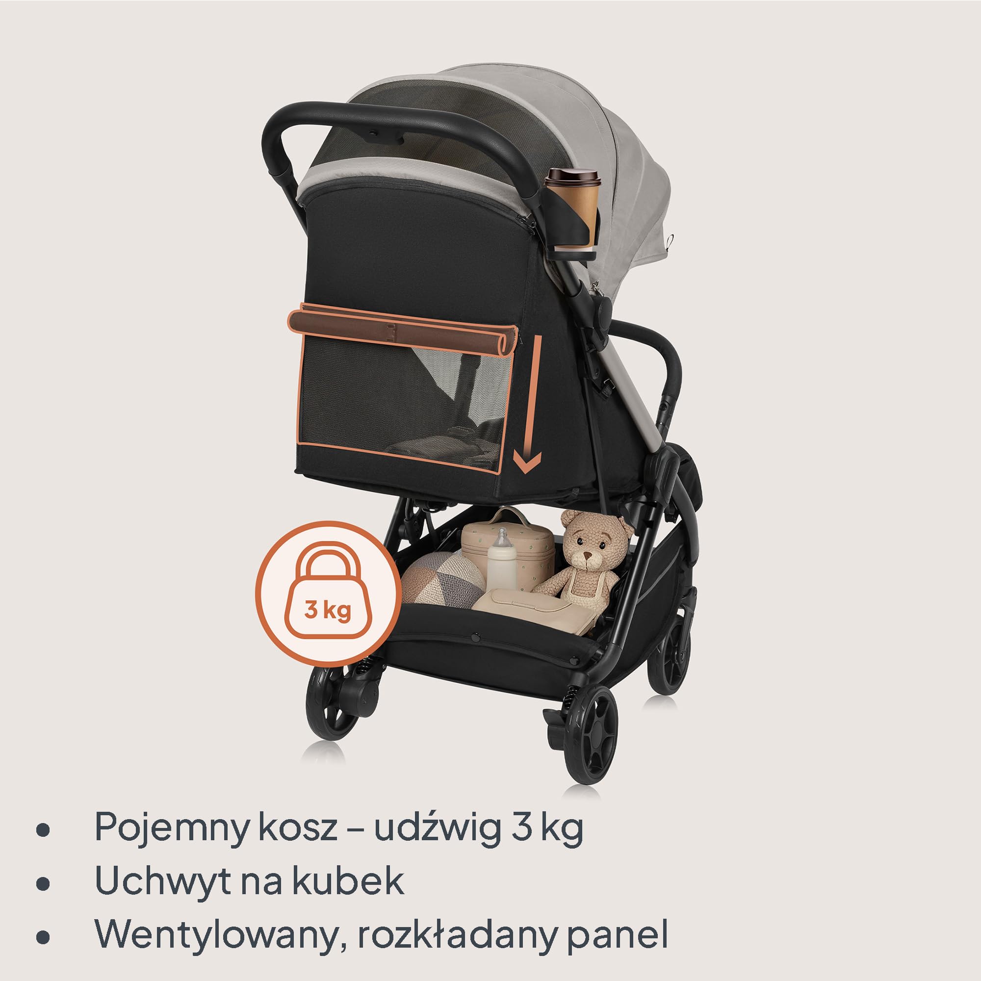 LIONELO Julie Air Spacerowy Wózek Dziecięcy do 22 kg od 6 m do 4 lat Do Samolotu Obrotowe Koła 360° Amortyzacja Składany Jedną Ręką Regulacja Oparcia Daszek UPF50+, Lekki | Koła obrotowe 360°, zawieszenie jednoręczne, mechanizm składania z regulacją oparc