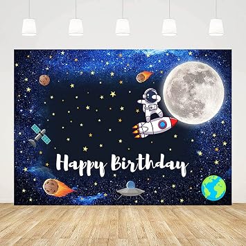 7x5ft Boy Outer Space Happy Birthday Backdrop Blue Sky Glitter Star Galaxy Rocket Astronaut Moon Meteor Background Party Decorations Cake Table Banner Decor Props