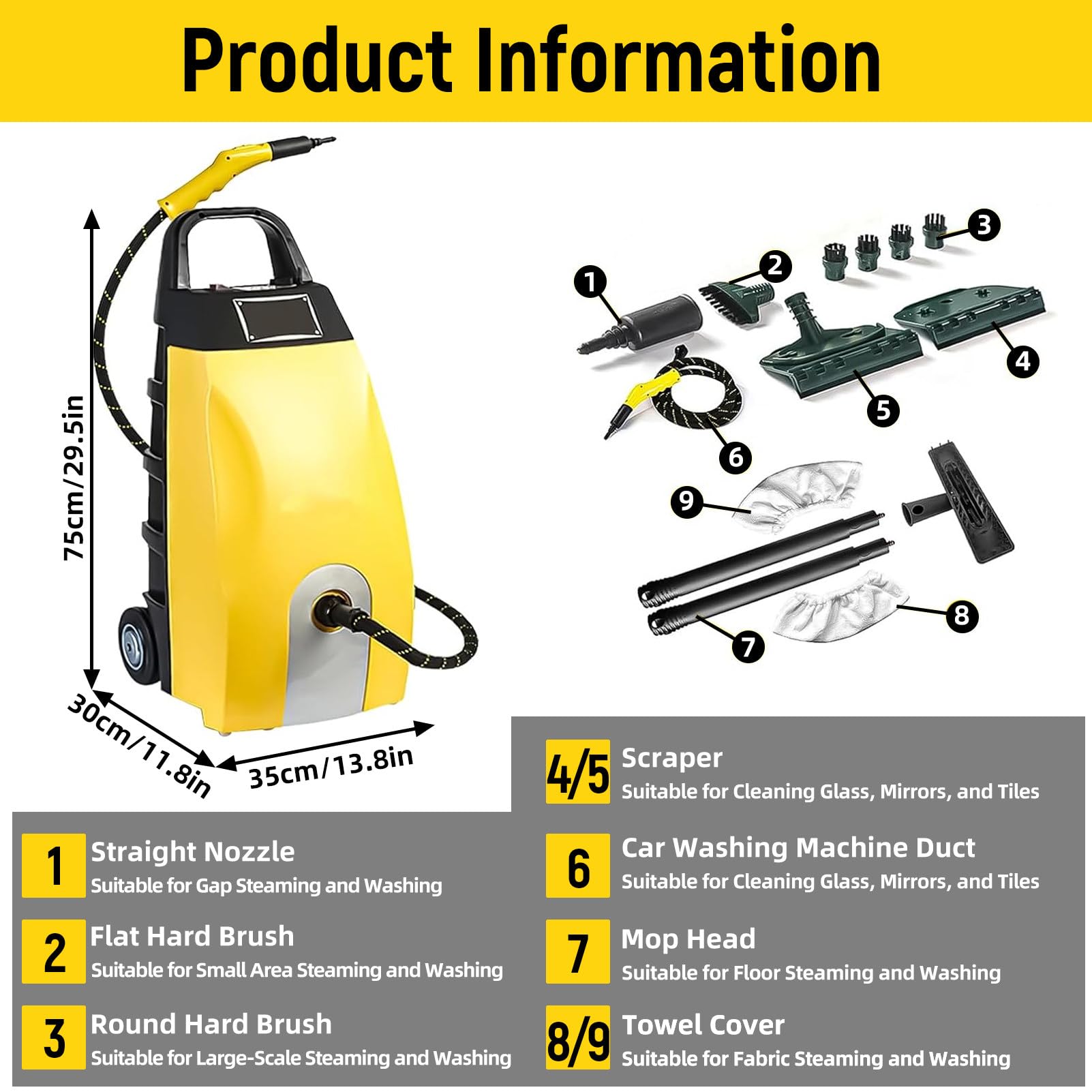 Pulitore a Vapore ad Alta Pressione per Uso Professionale. Yellow | Pulitore a vapore portatile, serbatoio capiente da 3,5 l, 6 accessori inclusi, per pavimenti, grasso e griglie.