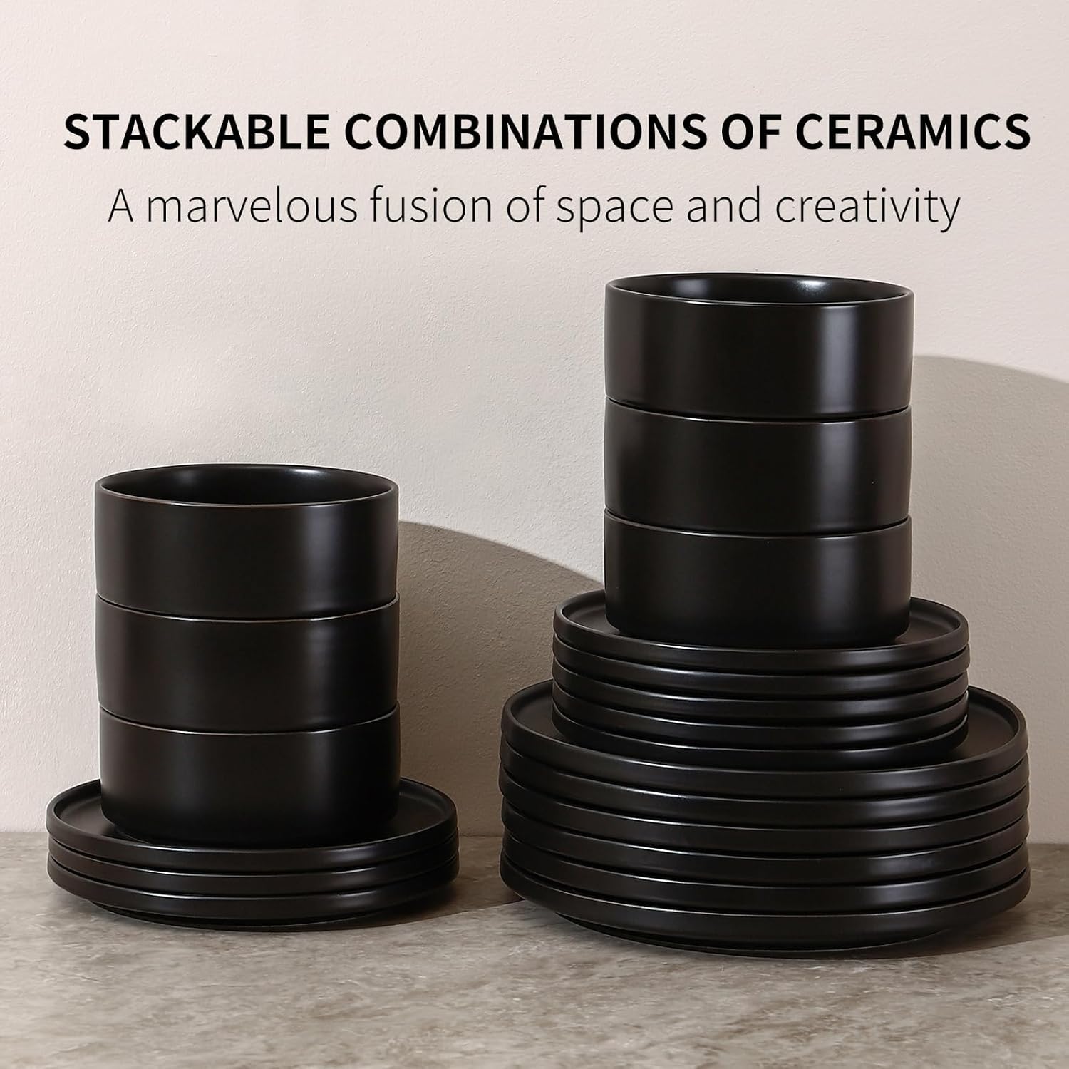 GZG Classic Series - Plates and Bowls Set for 4, 12 Piece Stoneware Dinnerware Sets, Microwave and Dishwasher Safe Lead-Free Handcrafted Ceramic Dishes Set - Matte Black