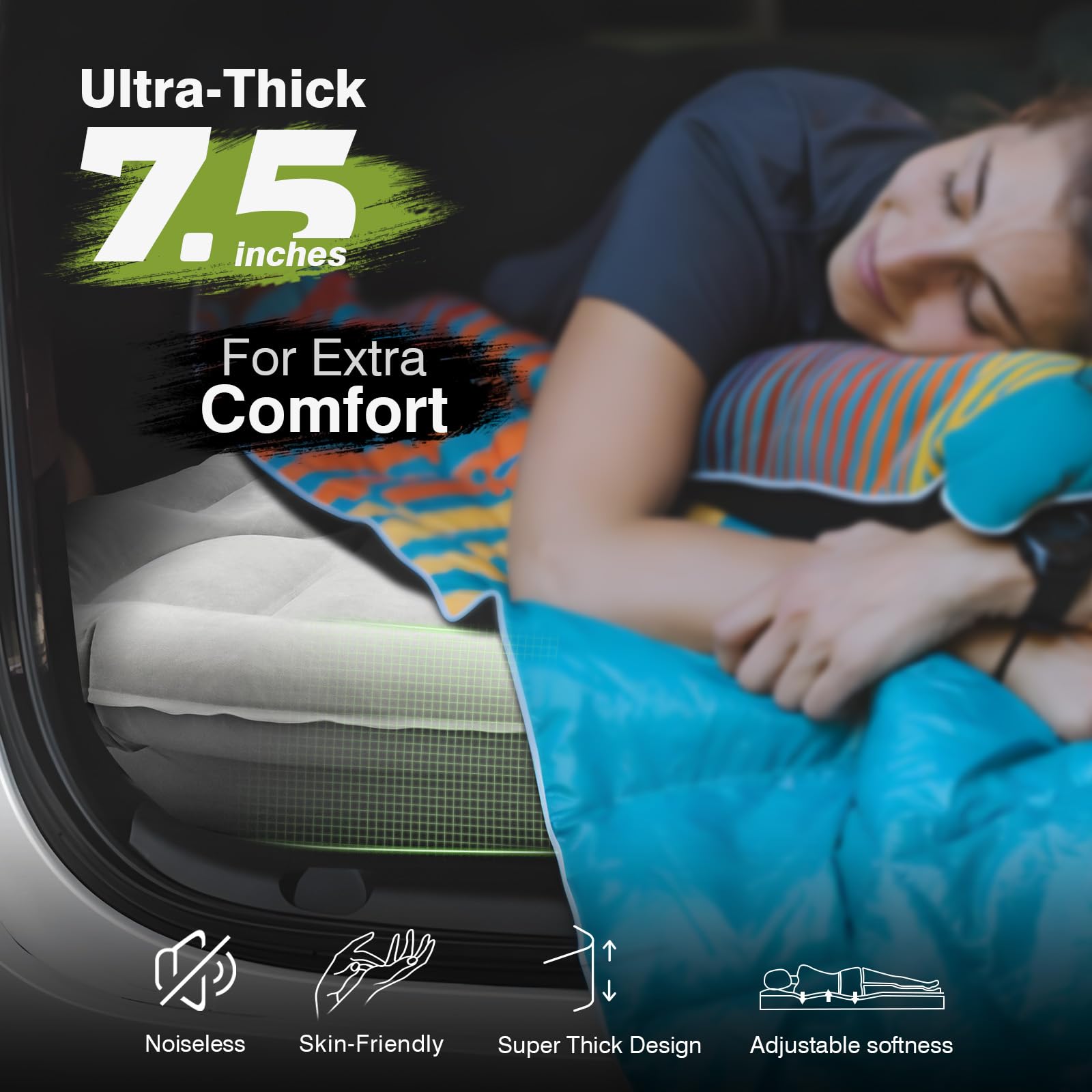 Sunsdrew SUV Air Mattress Upgraded Camping Air Mattress Flocking and Double-Sided Extra Thick Inflatable Car Air Mattress with Built-in Pillow Portable Sleeping Pad for SUV Trunk and Rear Seat