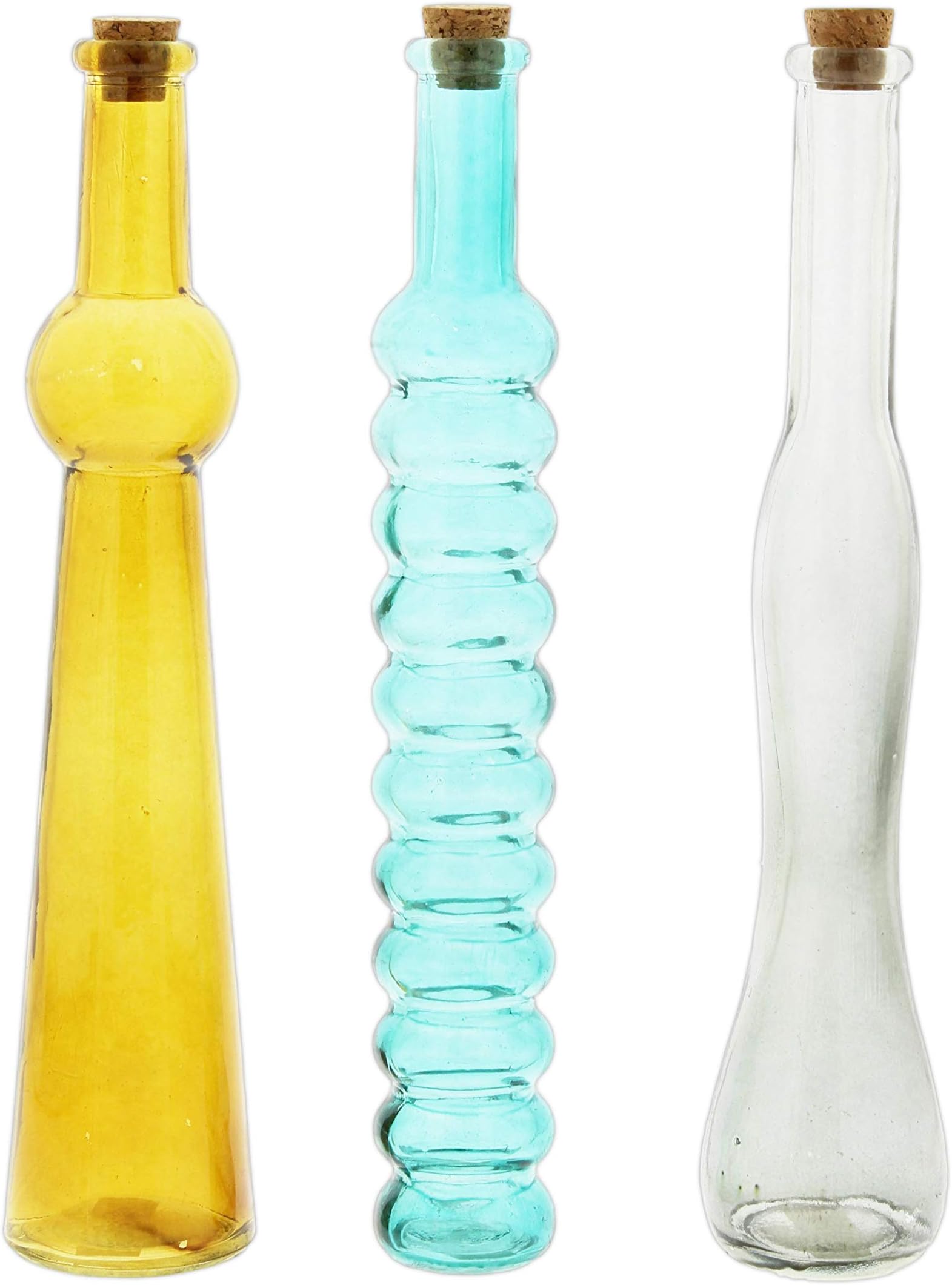Lucky Winner Set of 3 Thin Tall Glass Decorative Bottles with Corks in Yellow, Blue, & Grey, 12"