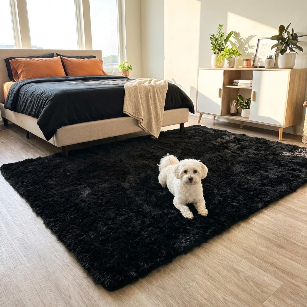 Mugorn Black Area Rugs 9x12 Living Room, Large Fluffy Rugs for Bedroom, Soft Carpet Shag Kids Room Rug, Non-Slip Fuzzy Rugs Indoor (9ft x 12ft, Black)