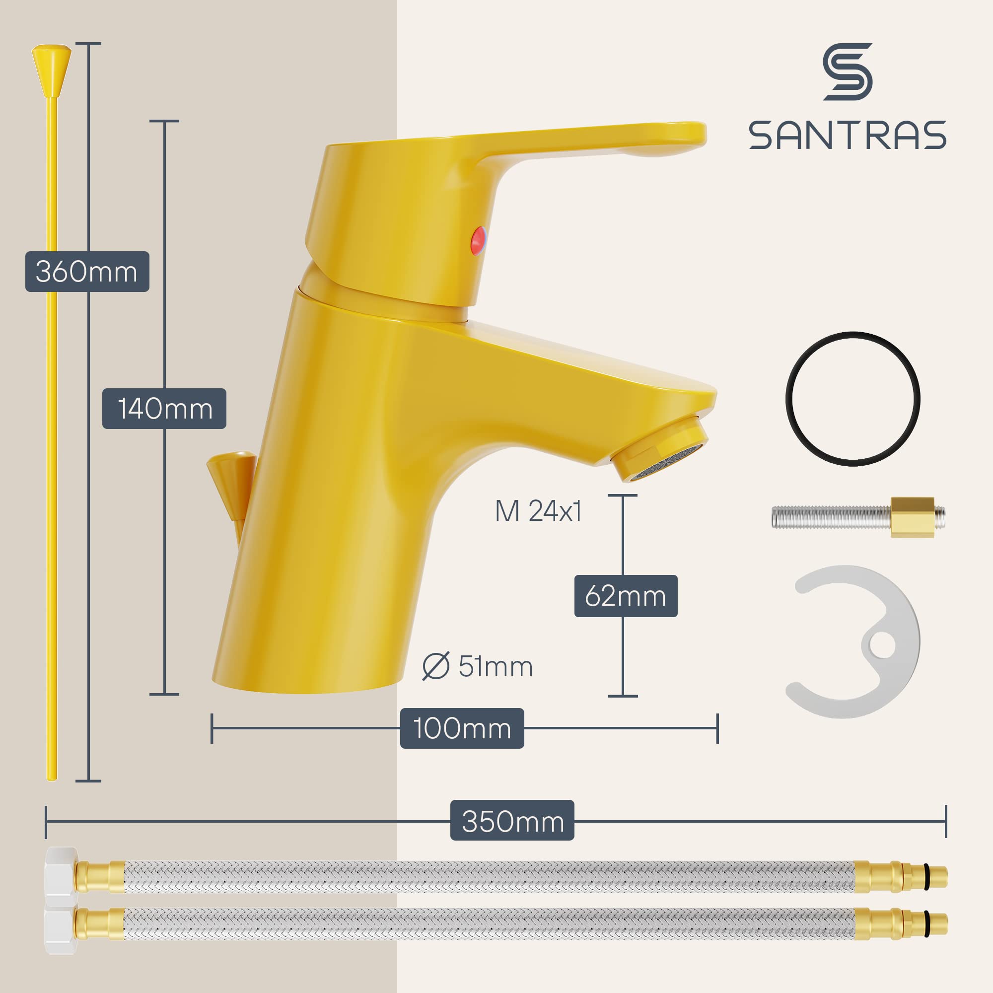 SANTRAS® Bateria umywalkowa do łazienki z wyciągiem w kolorze żółtym – jednouchwytowa bateria mieszająca ciepła zimna do jednego otworu, umywalka kran, Made in Germany