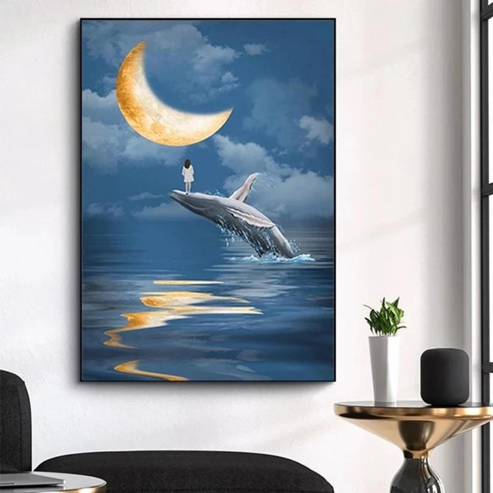 Baibexing Abstract Girl With Whale Canvas Painting Moon Wall Art Poster And Print Picture For Child'S Bedroom Home Wall Decoration Cuadros 50X70Cm Unframed