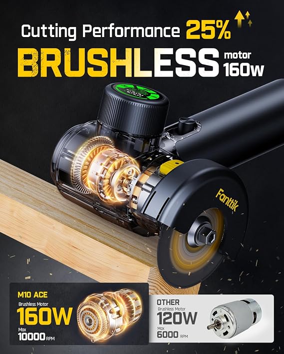 Fanttik M10 ACE Cordless Angle Grinder Brushless, Compact Cut Off Tool with LED Display, 3 Variable Modes, Double Security, Type-C Fast Charging, 10000RPM Mini Cutter with 4 Blades