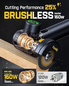 Fanttik M10 ACE Cordless Angle Grinder Brushless, Compact Cut Off Tool with LED Display, 3 Variable Modes, Double Security, Type-C Fast Charging, 10000RPM Mini Cutter with 4 Blades