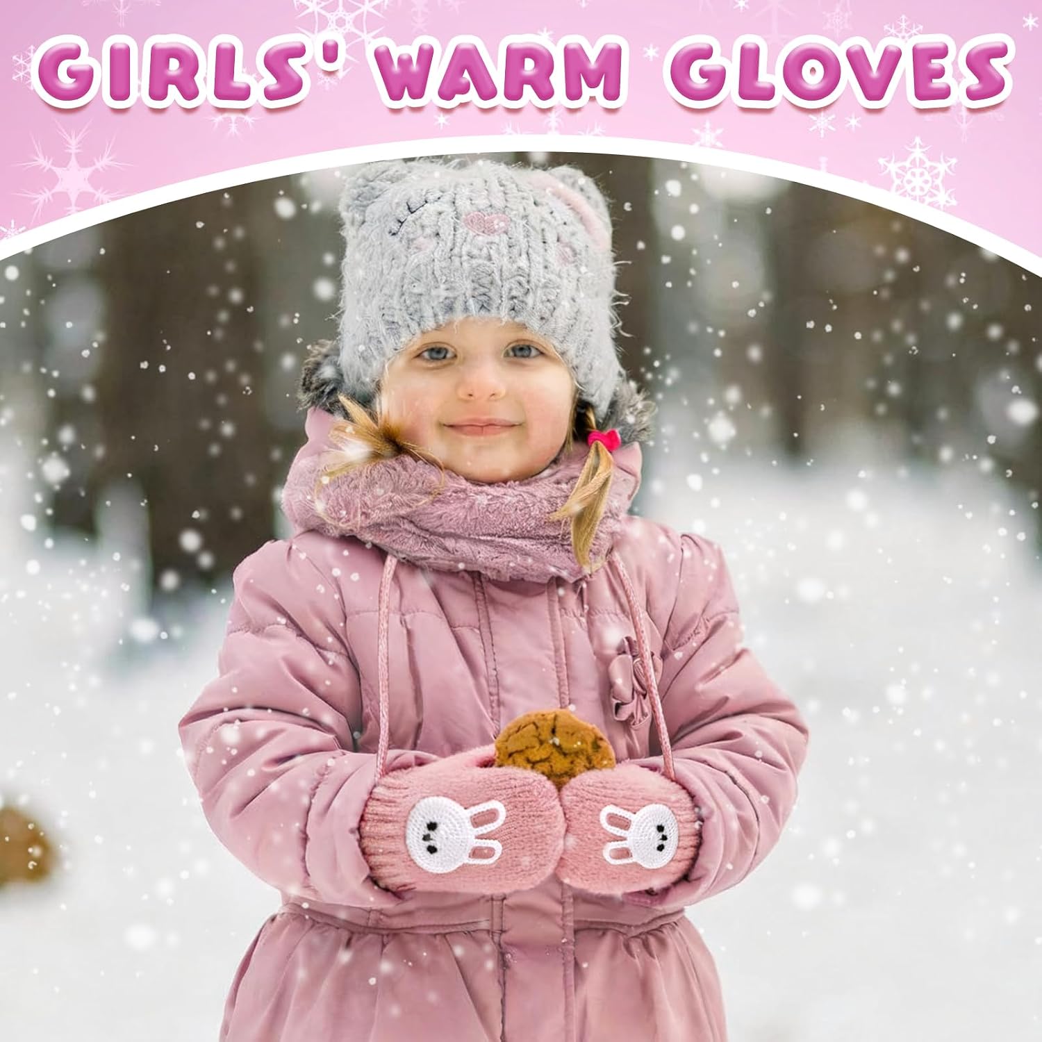 3 Pairs Toddler Warm Knit Winter Mittens Cute Rabbit Kids Magic Stretch Gloves with String for Boys and Girls