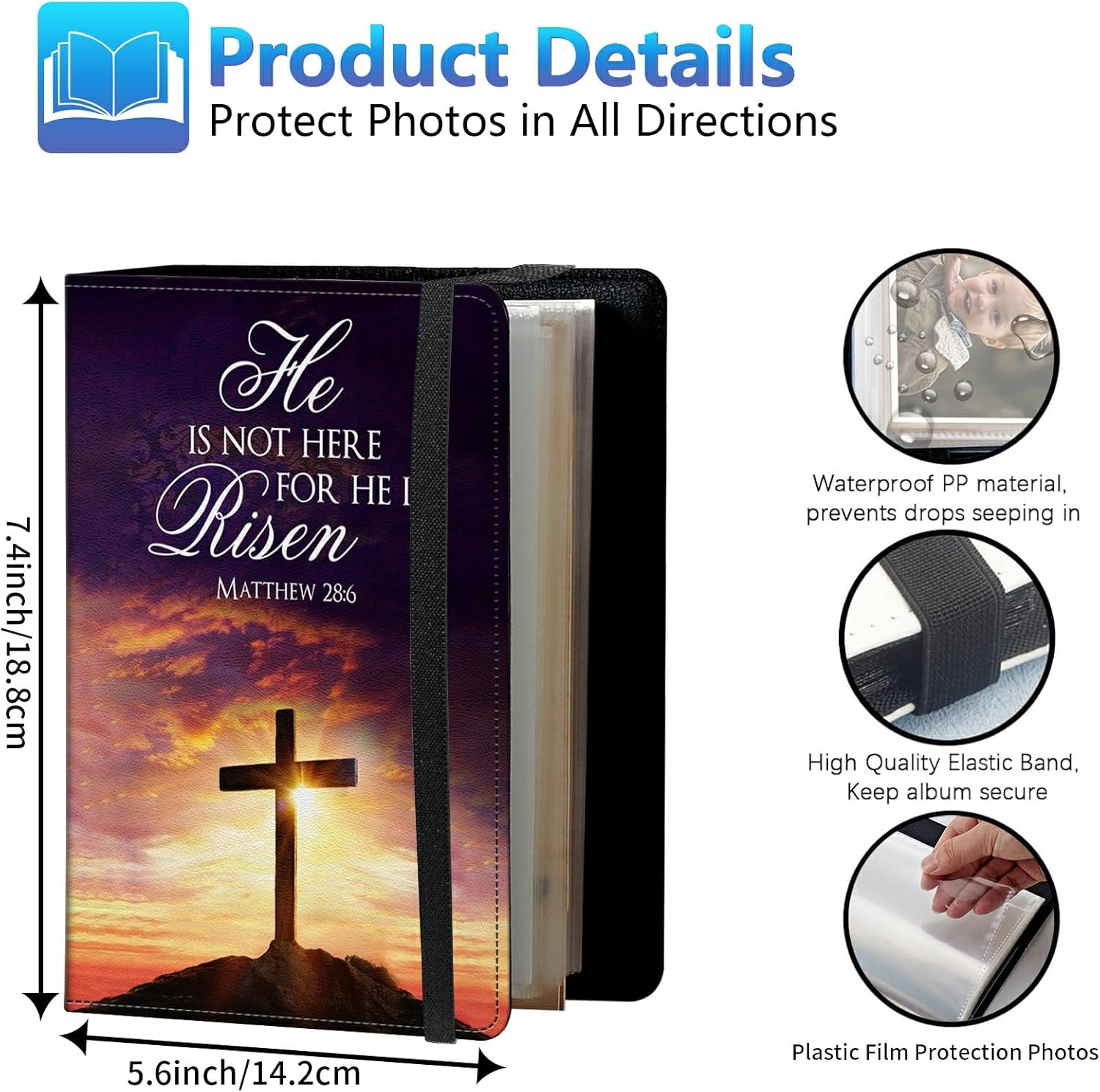 Photo Album 5x7 120 Photos Small Capacity PU Leather Cover, Jesus Bible Cross Christian Mini Photo Album 5x7 with Elastic band, Birthday Christmas Photo Albums Wedding Anniversary