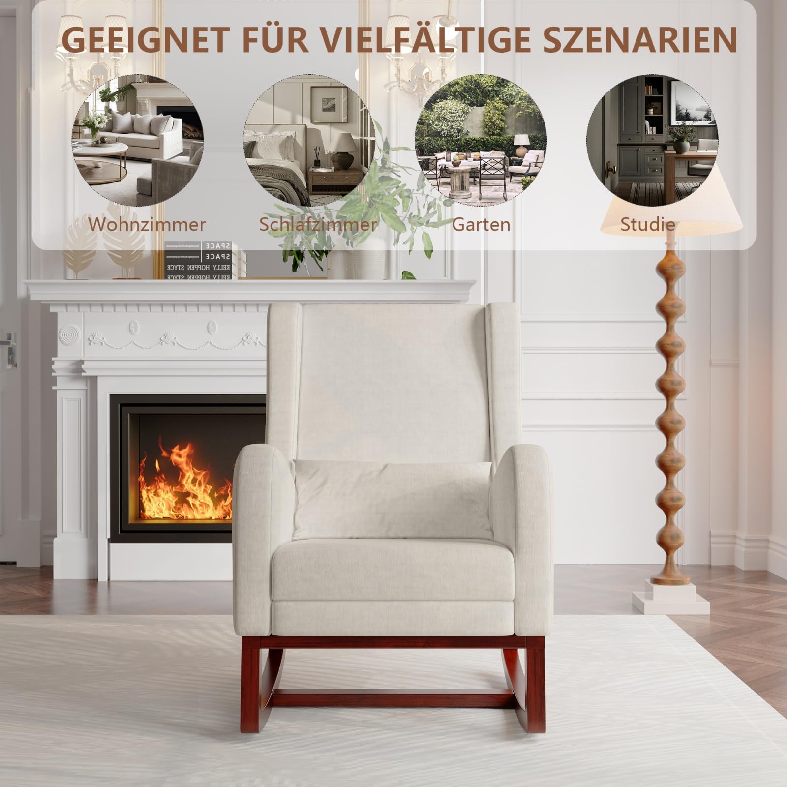 Mecedora con reposapiés Ajustable y 2 Bolsillos Laterales, sillón de Lactancia Acolchado con cojín Lumbar, Respaldo y reposabrazos, Silla de Relax para salón Dormitorio (Beige)