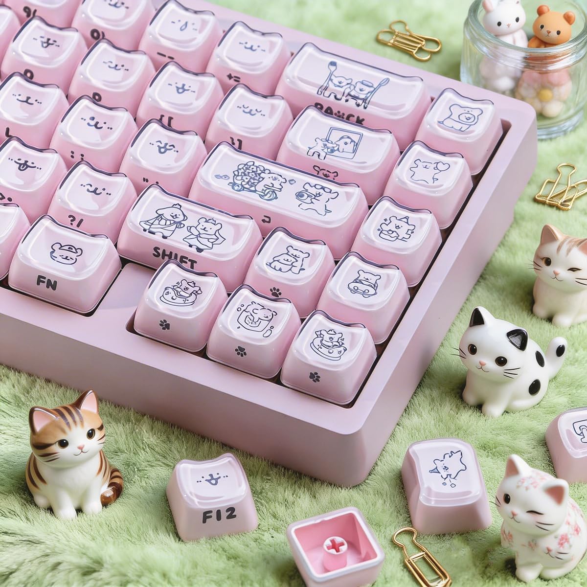 Sunzit Jelly Keycaps Cute Doggie, Crystal Pink Mao Profile Keycap, Custom Side Printed Key caps 60 65 75 100 Percent for Cherry MX, Switches Mechanical Keyboard